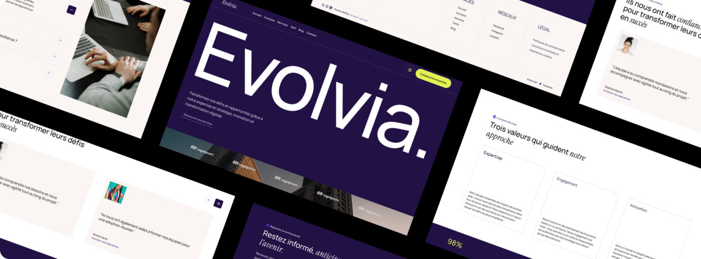 Evolvia design banner featuring multiple sections, crafted by Eazyclick for service providers.