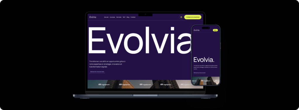 Evolvia design template computer and mobile mockup, designed by Eazyclick for service providers.