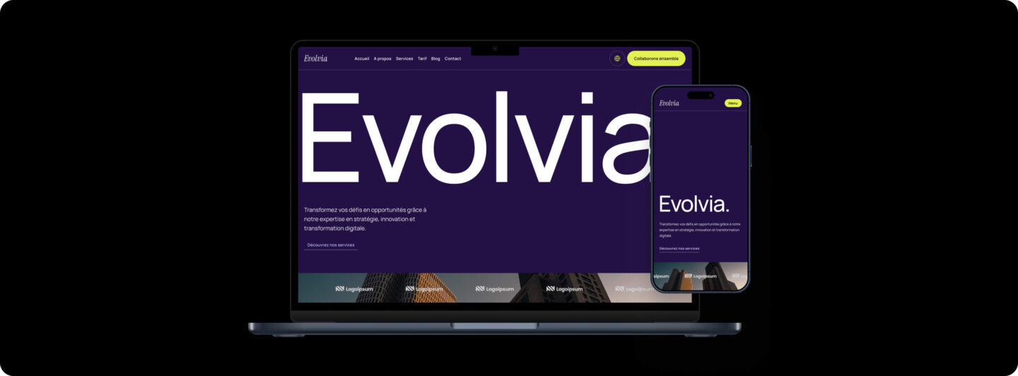 Evolvia design template computer and mobile mockup, designed by Eazyclick for service providers.