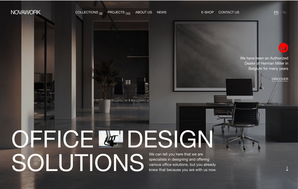 Website of an office design company showcasing innovative workspace solutions, portfolio of completed projects, and services tailored to creating functional and aesthetic office environments.