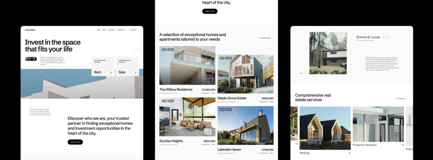 Several screens of UrbanNest website designed for real estate, including services, listings and more pages