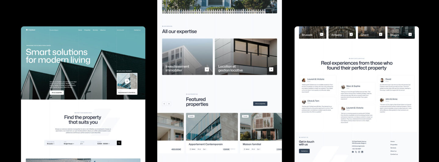 Several screens of CityNest template with different sections