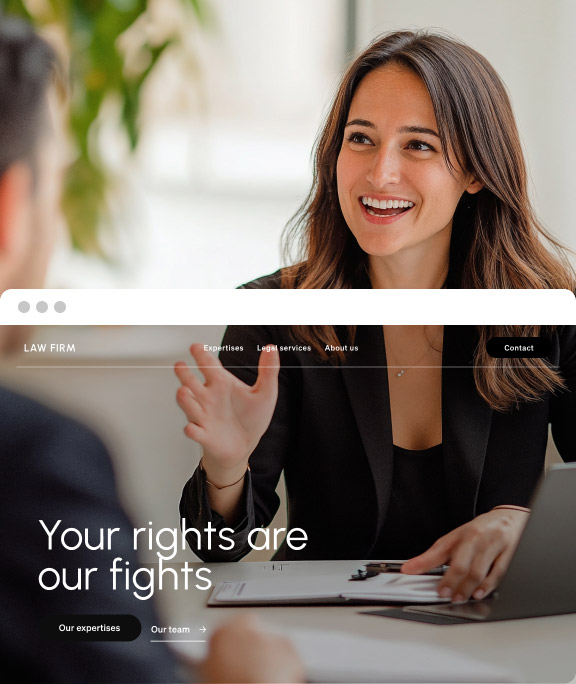 Double sided image of a legal professional smiling and the legal practice website mockup