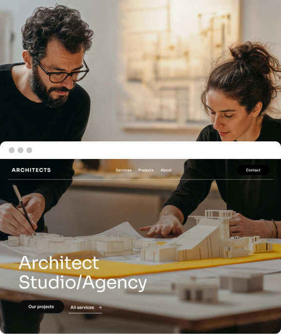 Two-sided image showcasing two architects collaborating in their studio alongside the digital version of their professional website and digital portfolio.