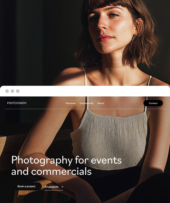 Two-sided image showcasing a photographer at work in a studio alongside the digital version of their photography portfolio website.