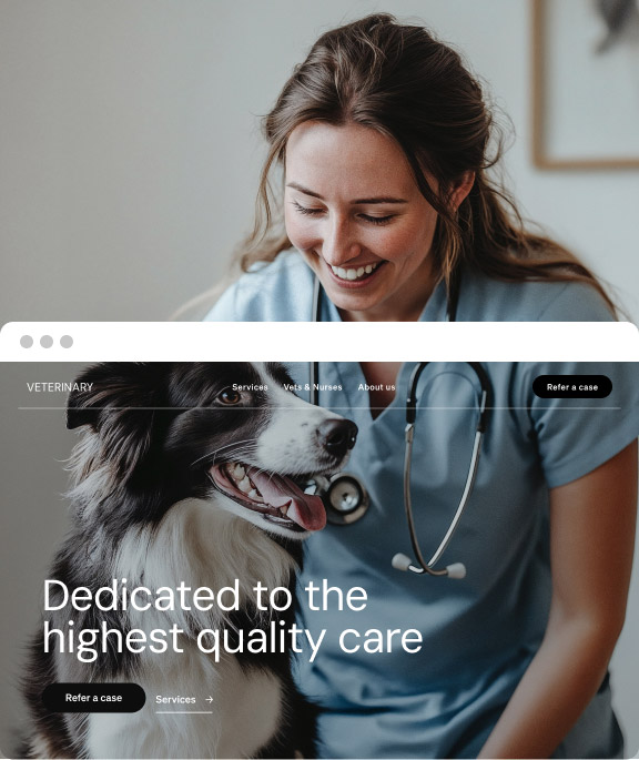 Two-sided image showing a veterinarian in her practice examining a dog alongside the digital version of her professional website.