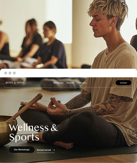 Double sided image of a person in a yoga class and the mock up of a website for wellness and sports services and locations