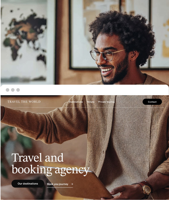 Double sided image of a travel agent in his office and their website designed by Eazyclick