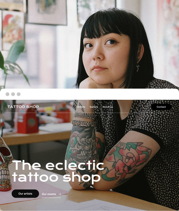 A double sided image with a tattoo artist in her workshop and the mockup of her website