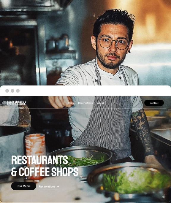 Two-sided image showcasing a chef preparing a dish in a restaurant kitchen alongside the digital version of their professional website highlighting the menu and booking options.