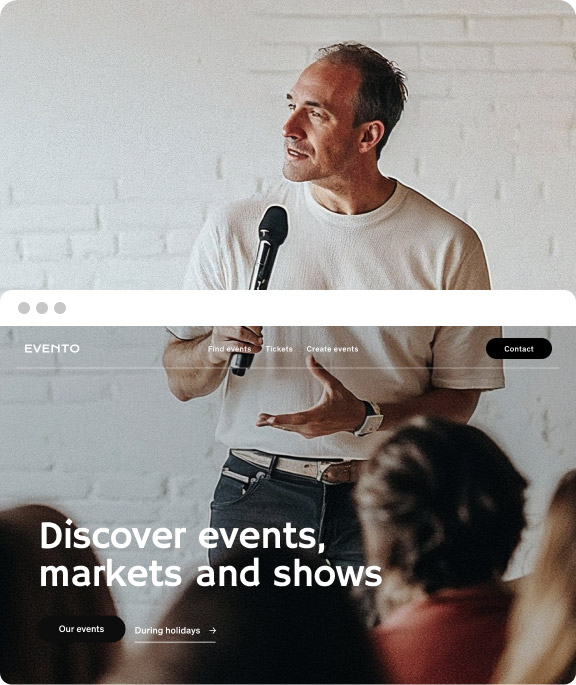 Two-sided image showcasing an event organizer coordinating a gathering alongside the digital version of their professional website highlighting services and past events.