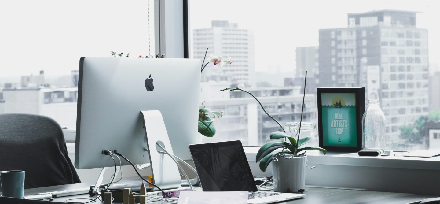 Modern office setting with a city view