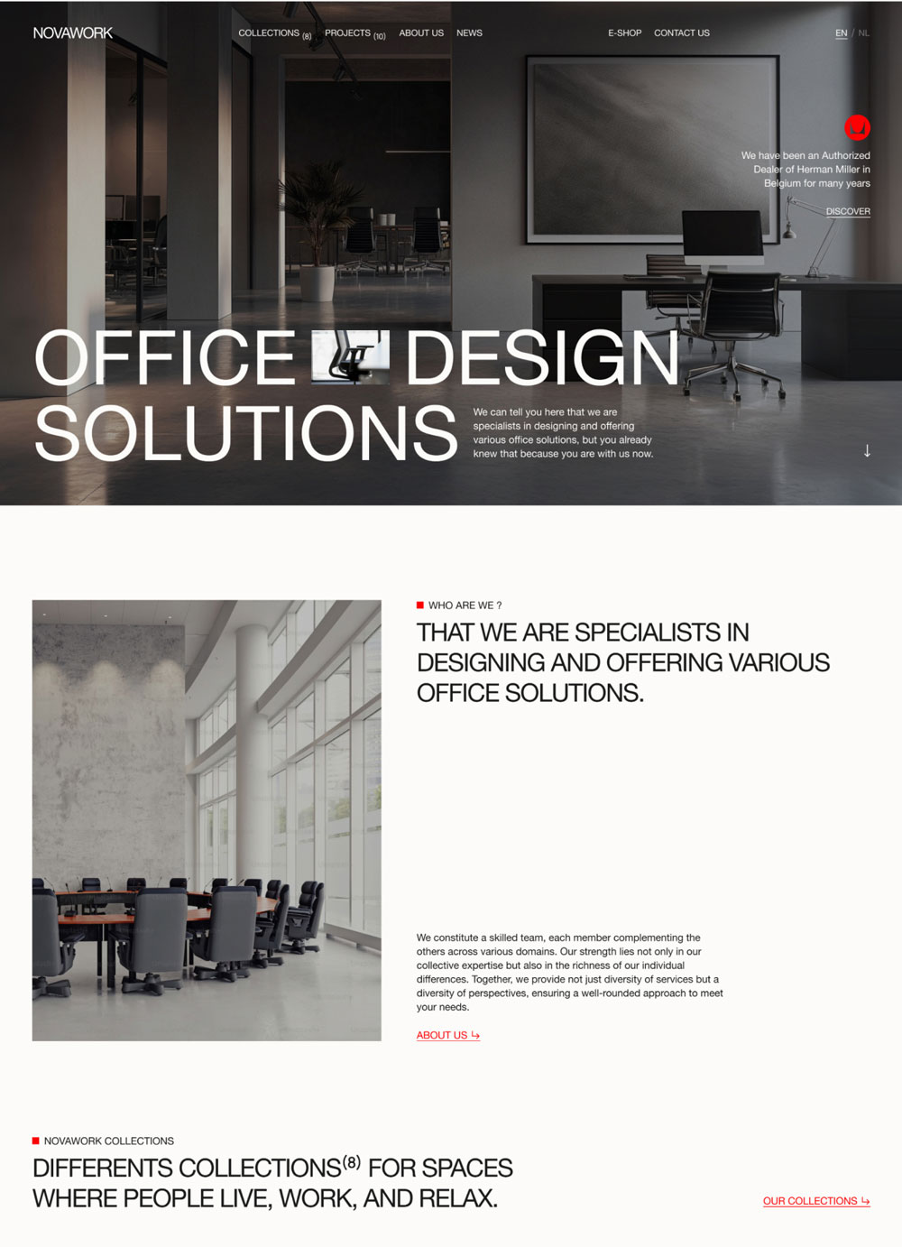 Homepage of an office design company showcasing innovative workspace solutions, portfolio of completed projects, and services.