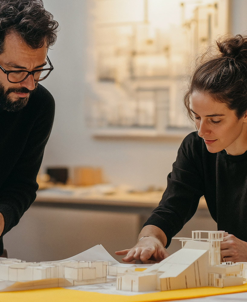 Two architects collaborating in their studio, surrounded by design tools and plans, working on innovative projects.