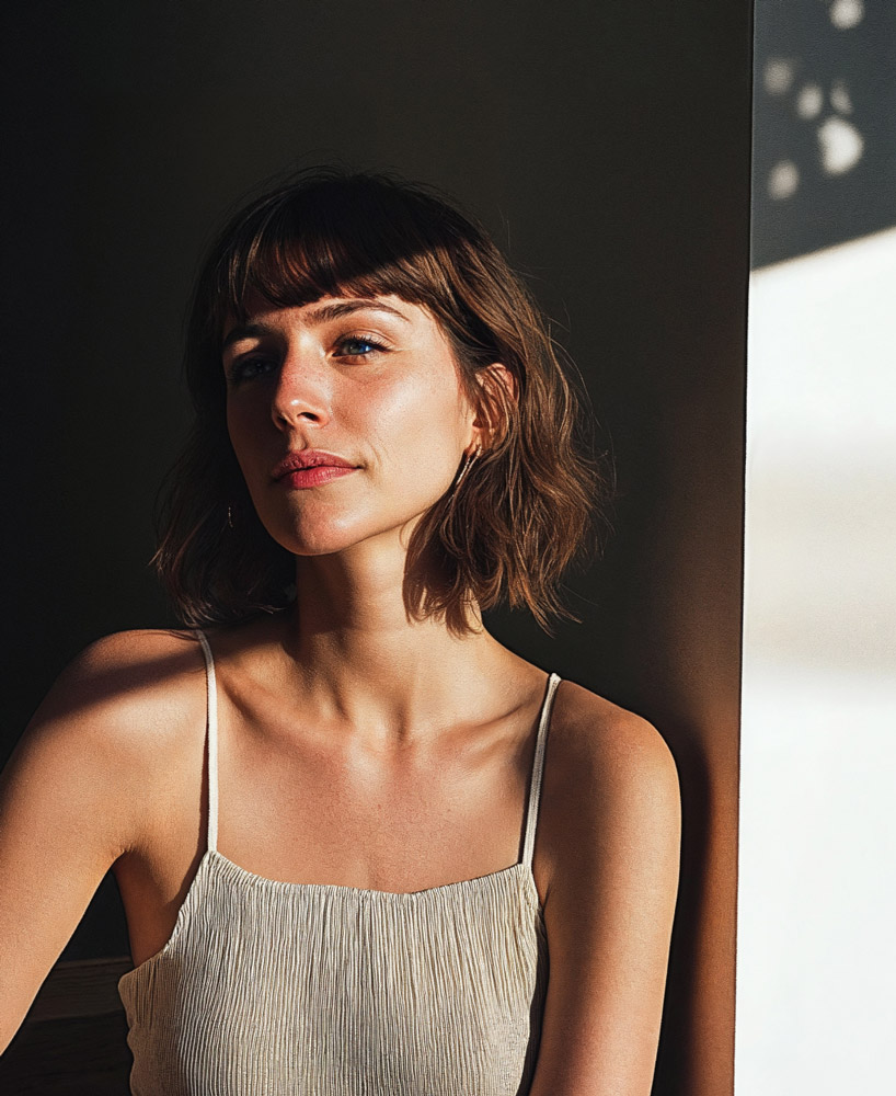 Photographer in her studio with warm sunset light casting a soft glow on her face, creating an inspiring and artistic atmosphere.