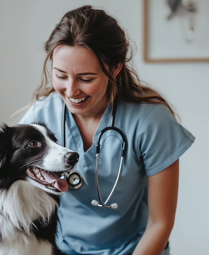 Photo of a veterinarian in her clinic, caring for a dog in a professional environment.