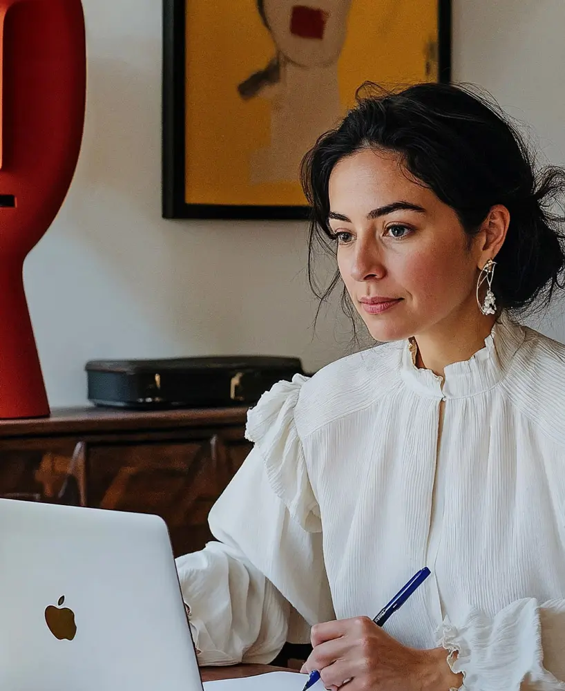 Artist in her studio with a computer and a pen