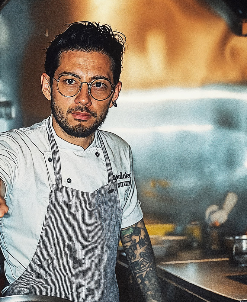 Restaurant chef preparing a dish in a kitchen, showcasing culinary expertise.