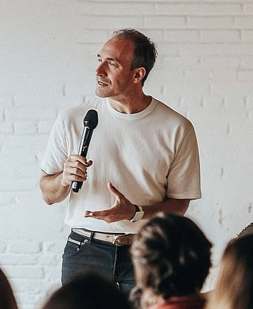 Event organizer with a microphone confidently presenting to a crowd, showcasing leadership and engaging communication skills.