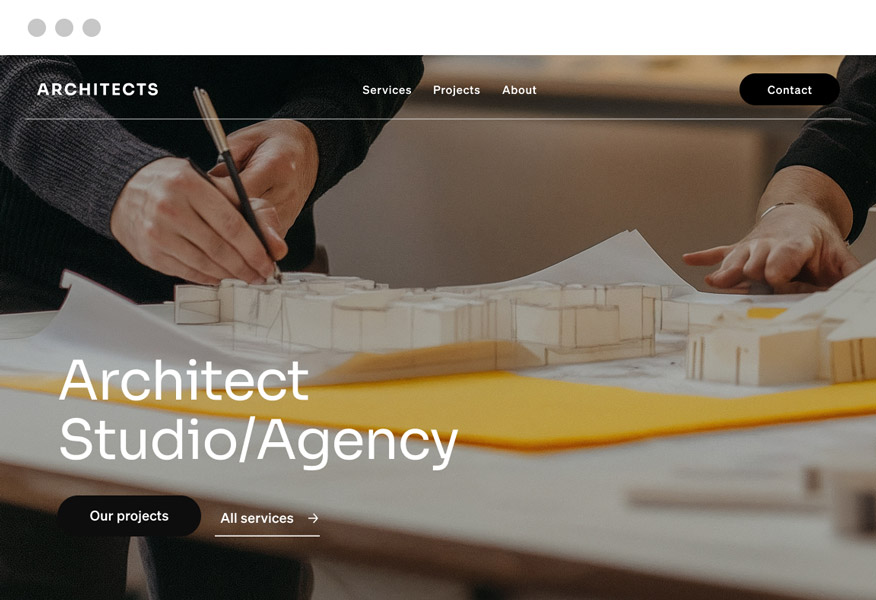 Homepage of an architecture firm's digital portfolio, showcasing stunning creations and detailing the range of services offered to clients.