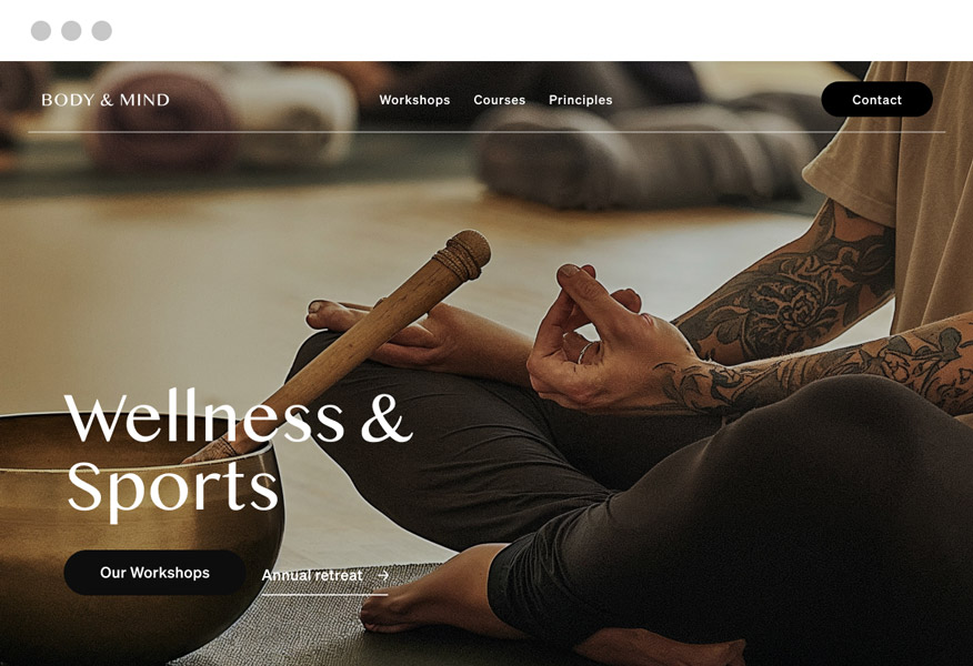 Website by Eazyclick for a wellness & sports service with pages : workshops, about, retreats and call to action buttons