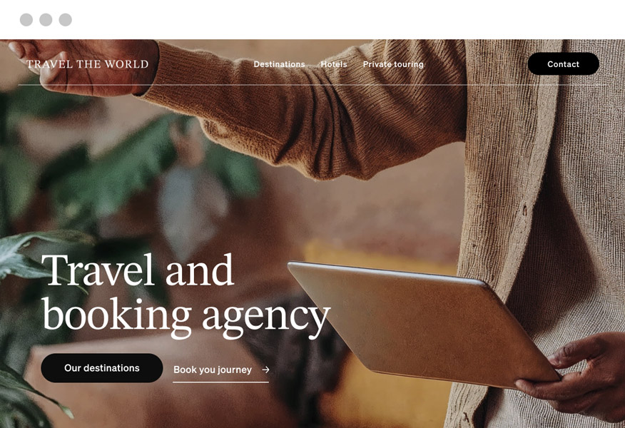 The mockup of a travel agency website with pages : destinations, hotels, tours and call to action buttons by Eazyclick