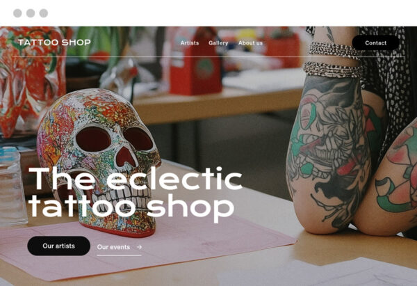 The mockup of a tattoo shop with different pages : tattoo artists, gallery, about us and call to action buttons