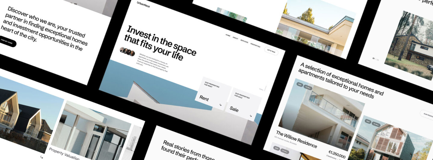 Several screens of UrbanNest website designed for real estate, including services, listings and more pages