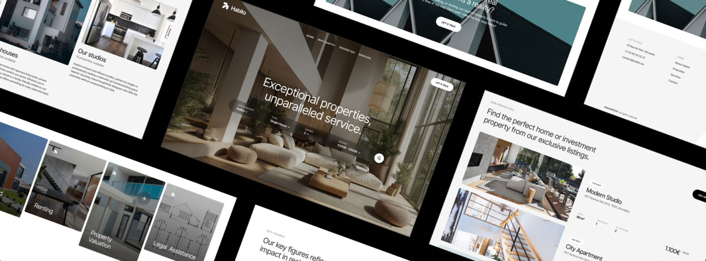 Wide view of several pages of Habito real estate template